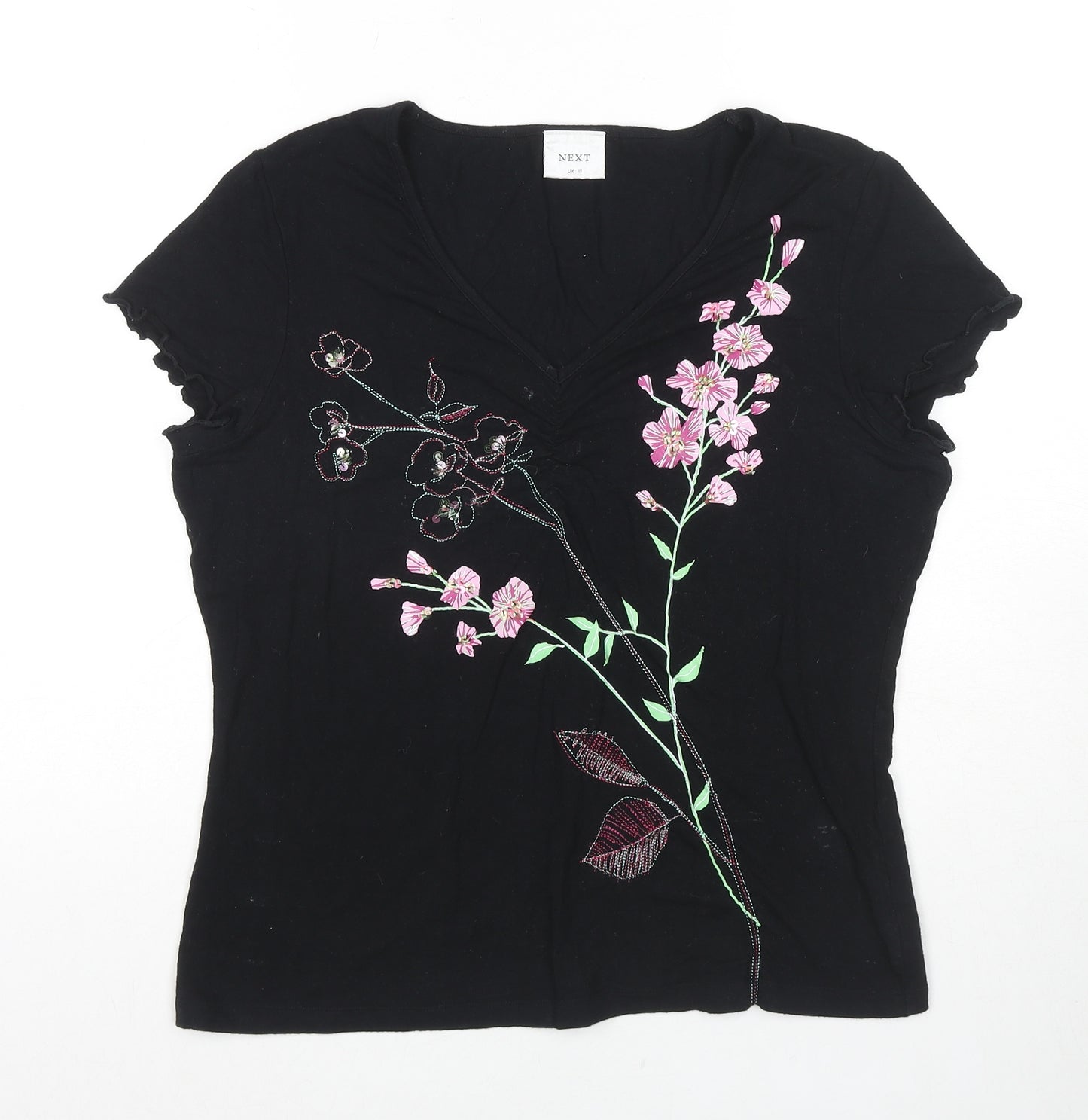 NEXT Womens Black Viscose Basic T-Shirt Size 18 V-Neck - Floral Embroidery