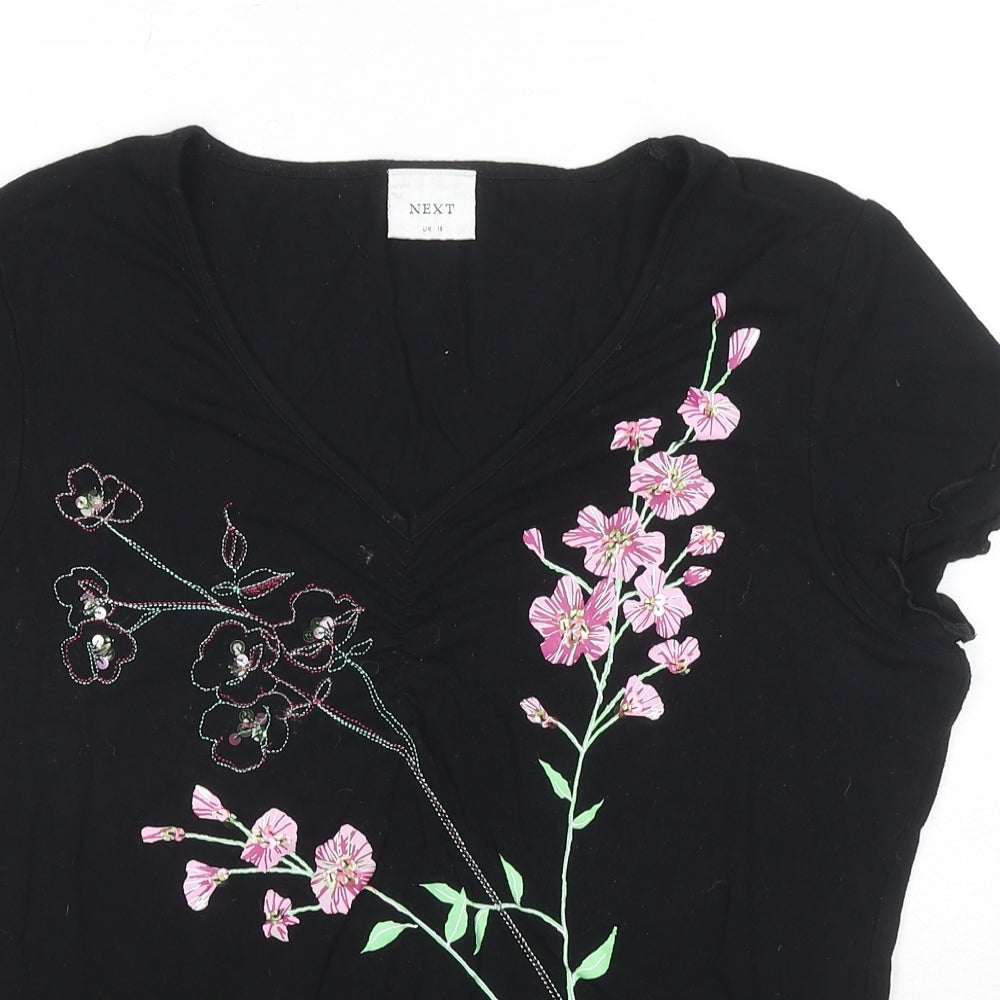 NEXT Womens Black Viscose Basic T-Shirt Size 18 V-Neck - Floral Embroidery