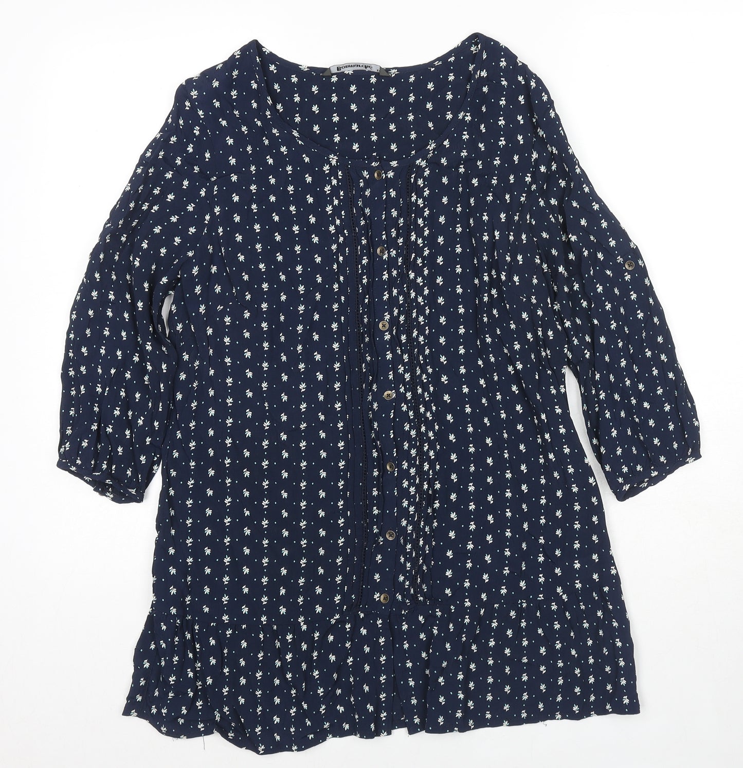 Bonmarché Womens Blue Geometric Viscose Tunic Button-Up Size 14 Scoop Neck - Frill