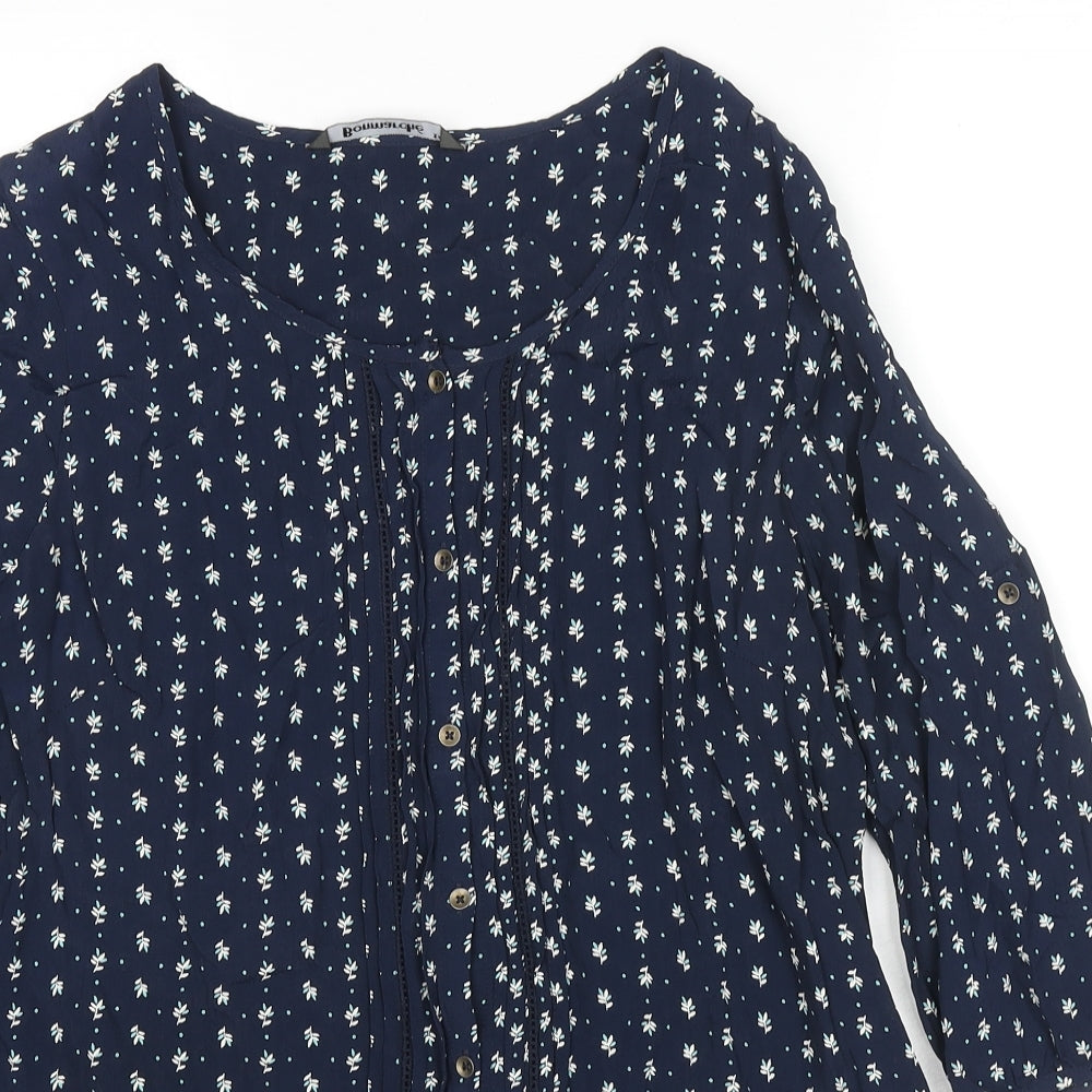 Bonmarché Womens Blue Geometric Viscose Tunic Button-Up Size 14 Scoop Neck - Frill