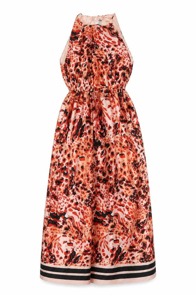 Front view of H&M women’s red geometric polyester a-line, size UK 6, halter pullover