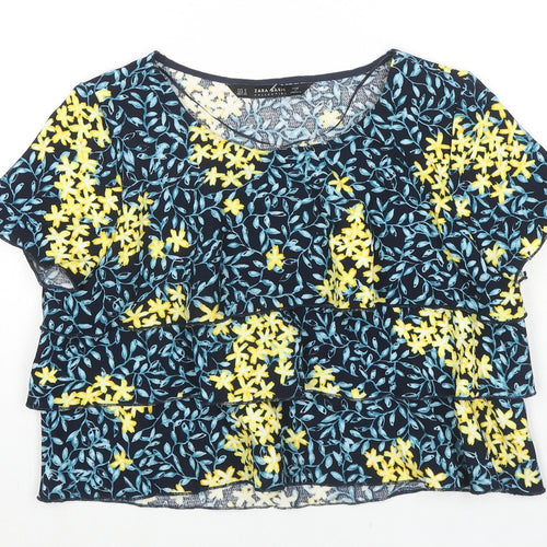 Zara Womens Multicoloured Floral Polyester Basic T-Shirt Size S Round Neck - Frill