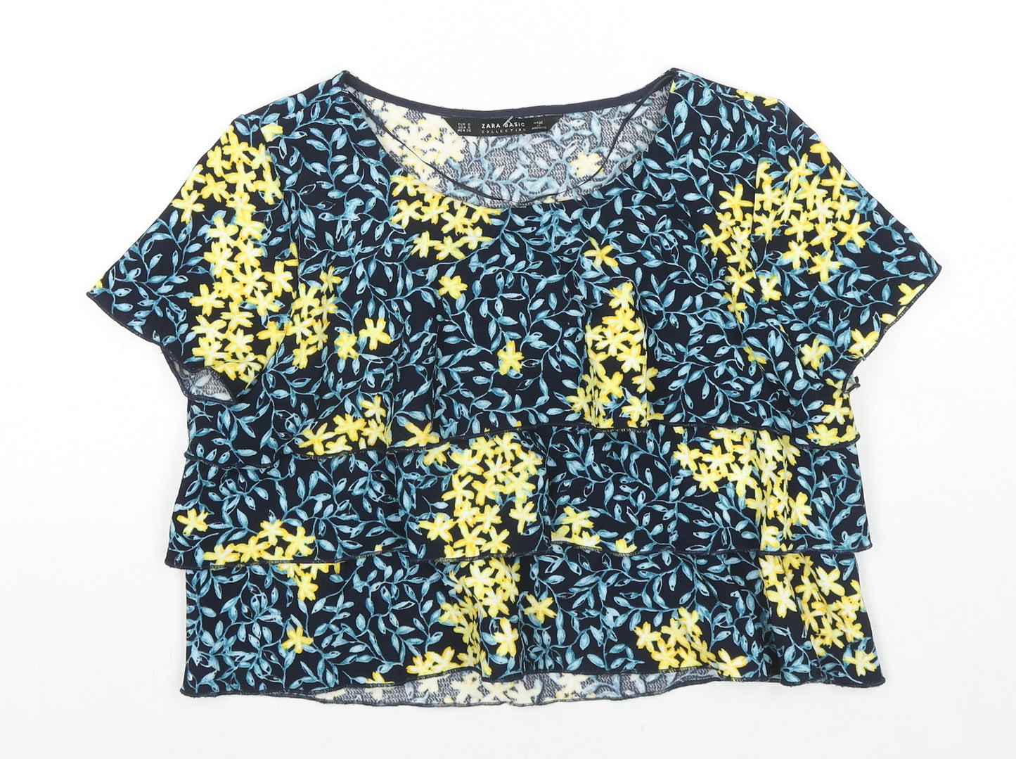 Zara Womens Multicoloured Floral Polyester Basic T-Shirt Size S Round Neck - Frill