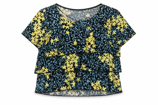 Front view of Zara women’s multicoloured floral polyester basic t-shirt, size S, round neck - frill