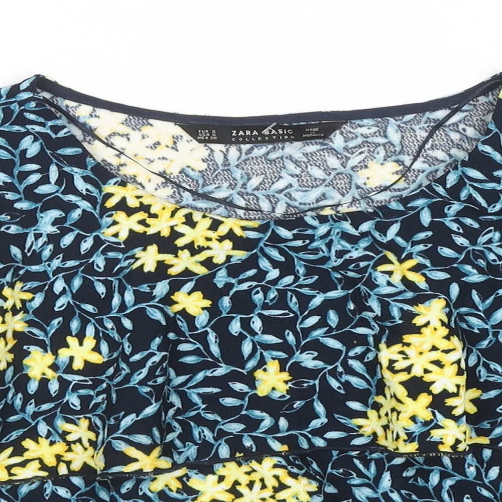 Zara Womens Multicoloured Floral Polyester Basic T-Shirt Size S Round Neck - Frill