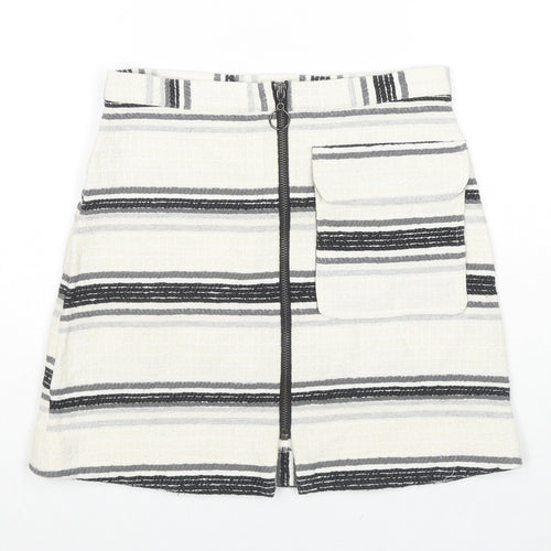 Topshop Womens Ivory Striped Cotton Flare Skirt Size 6 Zip