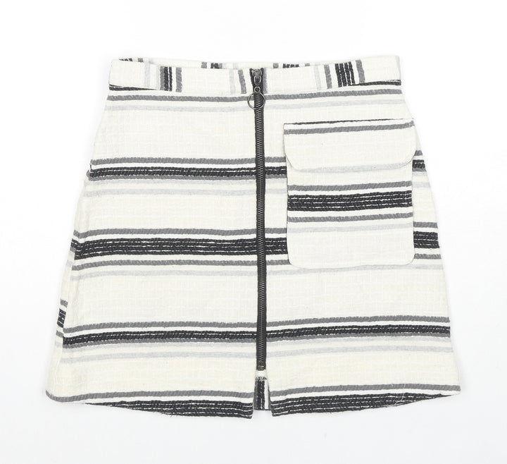 Topshop Womens Ivory Striped Cotton Flare Skirt Size 6 Zip