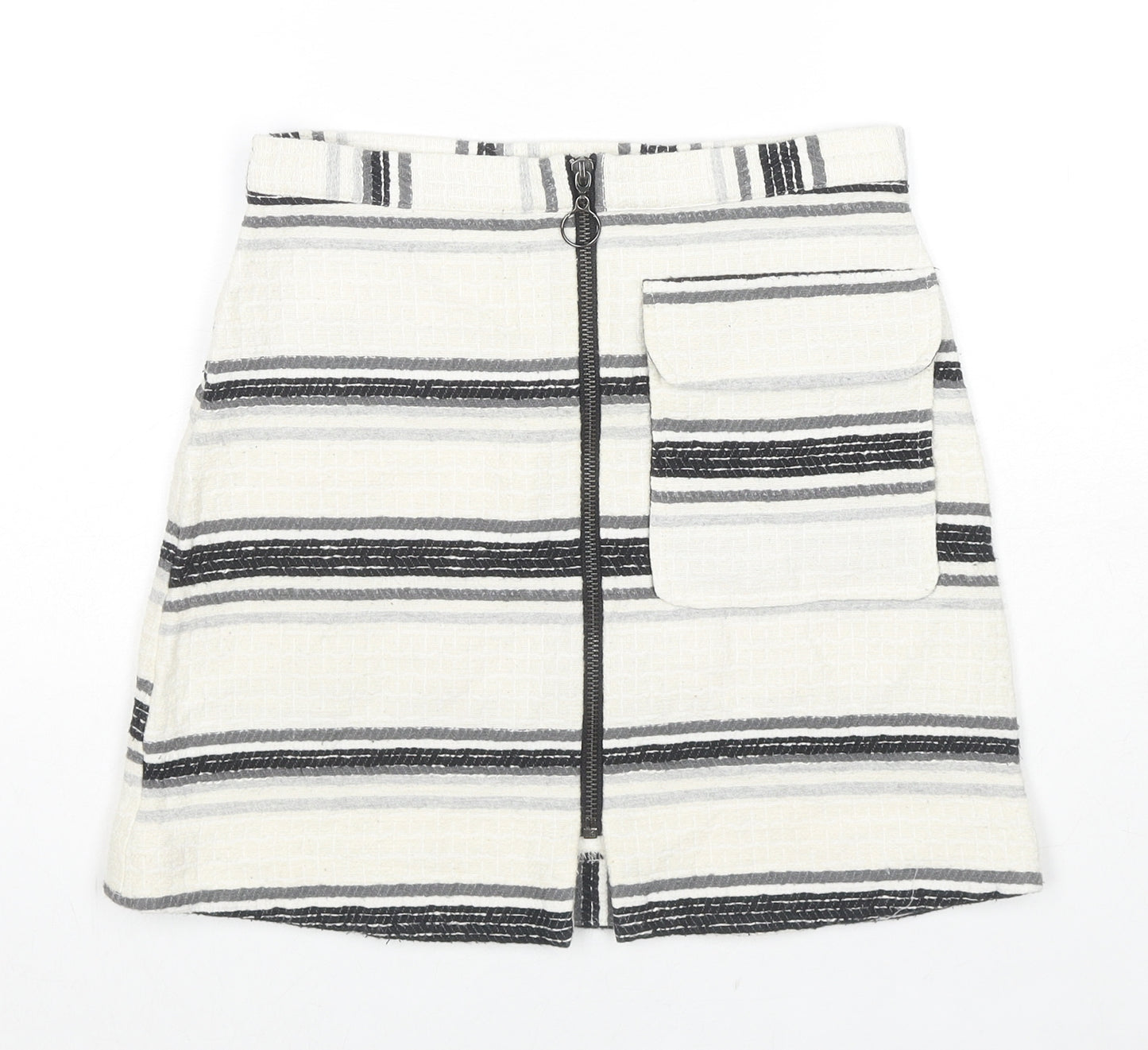 Topshop Womens Ivory Striped Cotton Flare Skirt Size 6 Zip