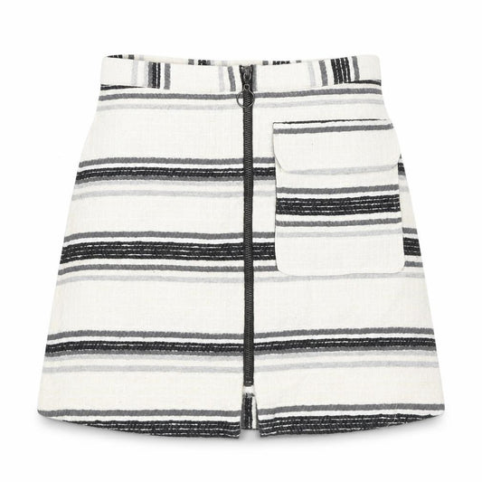 Front view of Topshop women’s ivory striped cotton flare skirt, size UK 6, zip