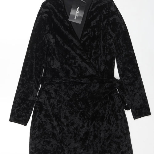PRETTYLITTLETHING Womens Black Geometric Polyester Wrap Dress Size 6 V-Neck Button