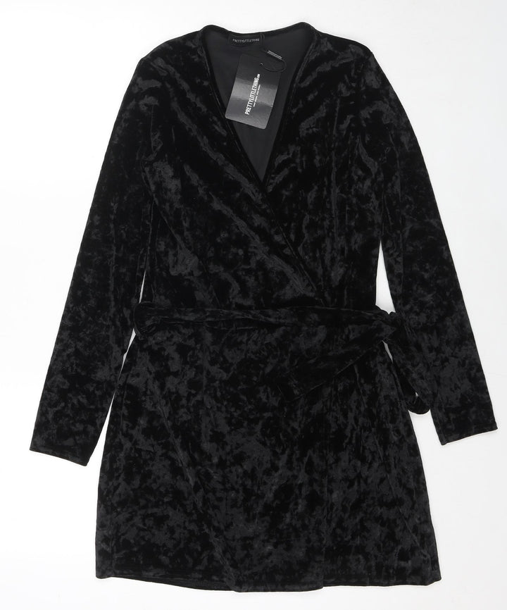 PRETTYLITTLETHING Womens Black Geometric Polyester Wrap Dress Size 6 V-Neck Button