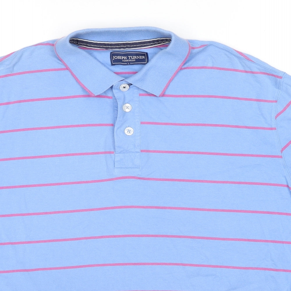 Joseph Turner Mens Blue Striped Cotton Polo Size L Collared Pullover