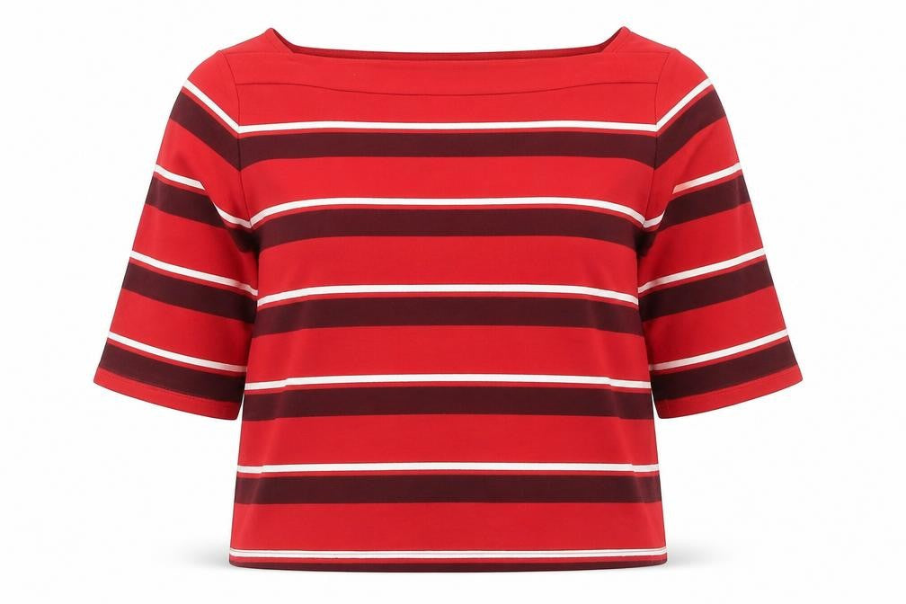 Front view of Classics women’s red striped viscose basic blouse, size UK 18, square neck