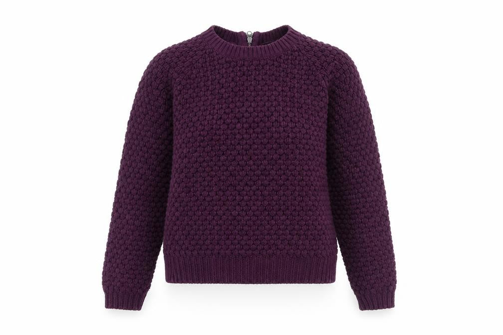 Front view of New Look women’s purple round neck acrylic jumper, size UK 8