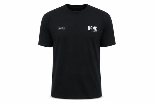 Front view of Buster + Punch men’s black cotton t-shirt, size XS, round neck