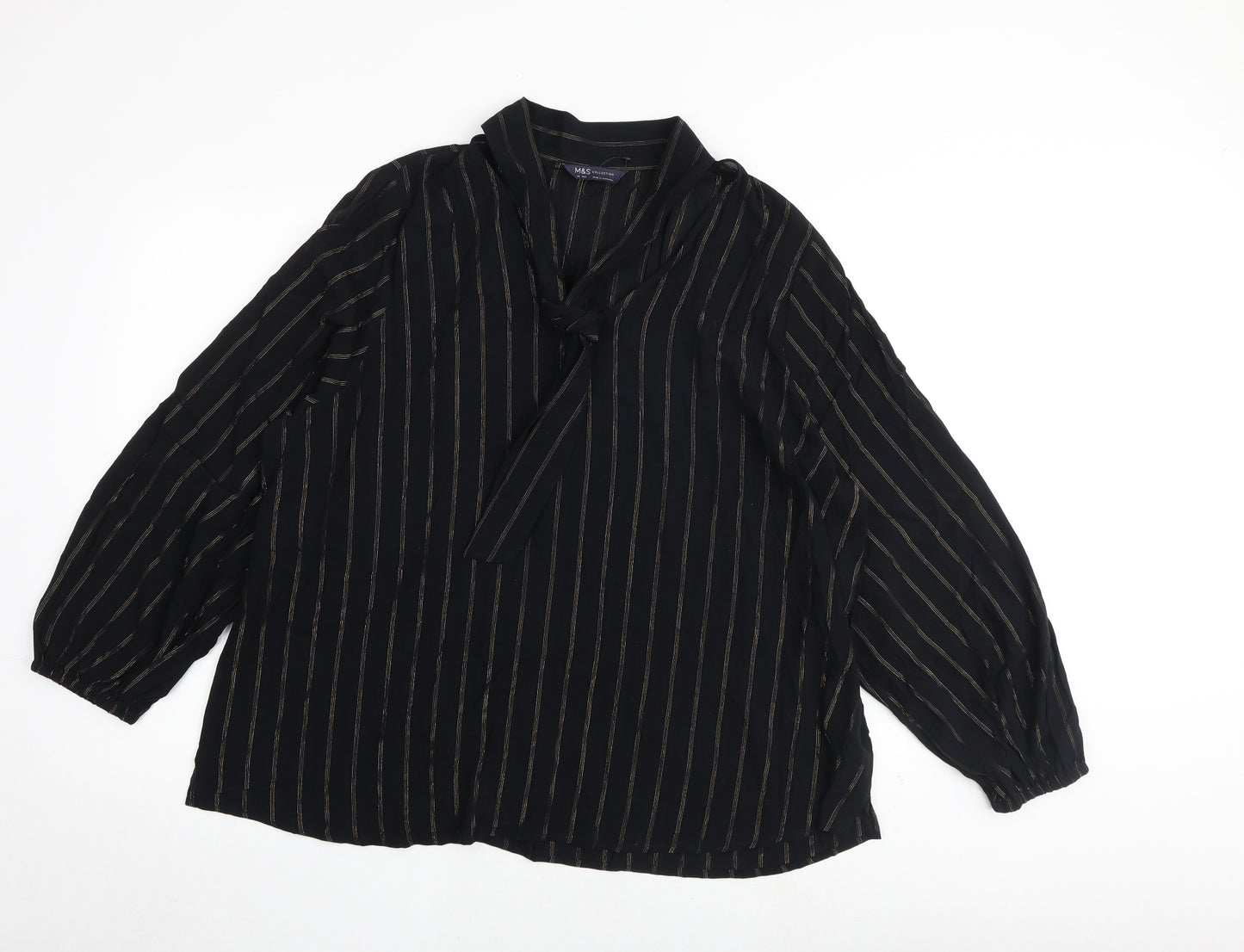 Marks and Spencer Womens Black Striped Viscose Basic Blouse Size 22 V-Neck