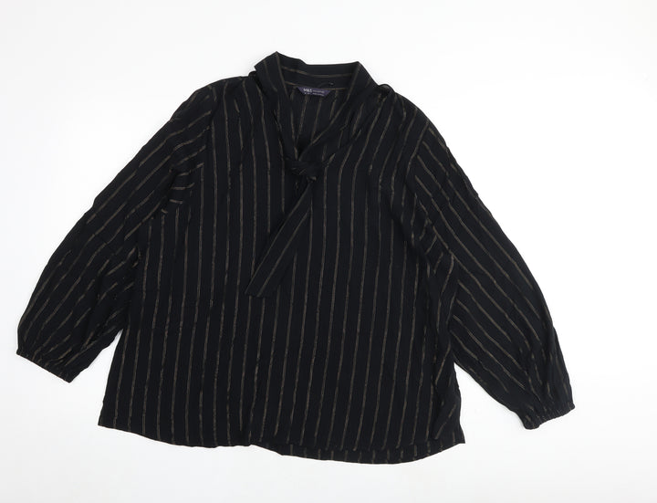 Marks and Spencer Womens Black Striped Viscose Basic Blouse Size 22 V-Neck