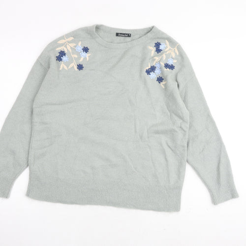 Bonmarché Womens Green Round Neck Acrylic Pullover Jumper Size 16 - Embroidered