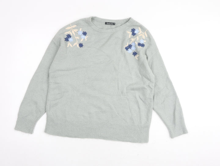 Bonmarché Womens Green Round Neck Acrylic Pullover Jumper Size 16 - Embroidered