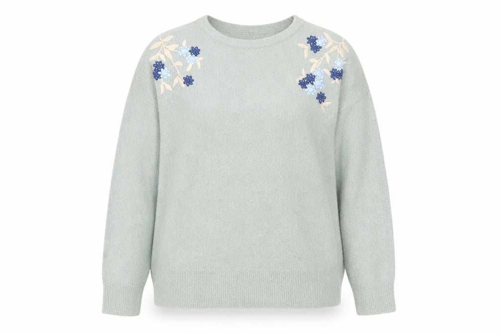 Front view of Bonmarché women’s green round neck acrylic jumper, size UK 16, - embroidered