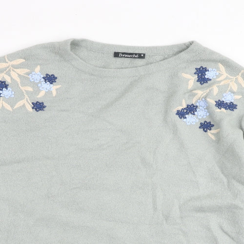 Bonmarché Womens Green Round Neck Acrylic Pullover Jumper Size 16 - Embroidered