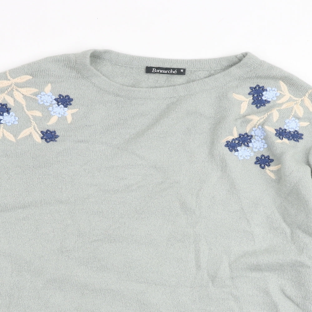 Bonmarché Womens Green Round Neck Acrylic Pullover Jumper Size 16 - Embroidered