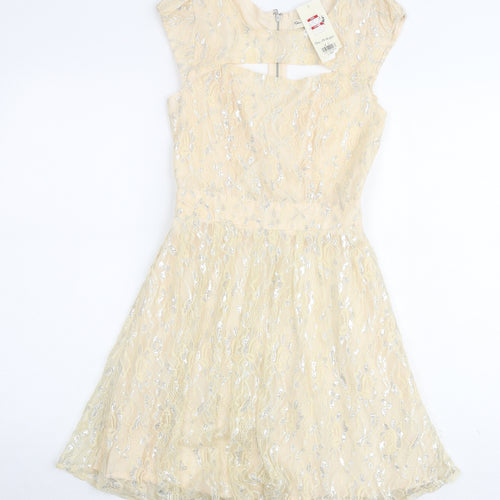 Miss Selfridge Womens Ivory Geometric Polyamide A-Line Size 4 Round Neck Zip - Keyhole Neck