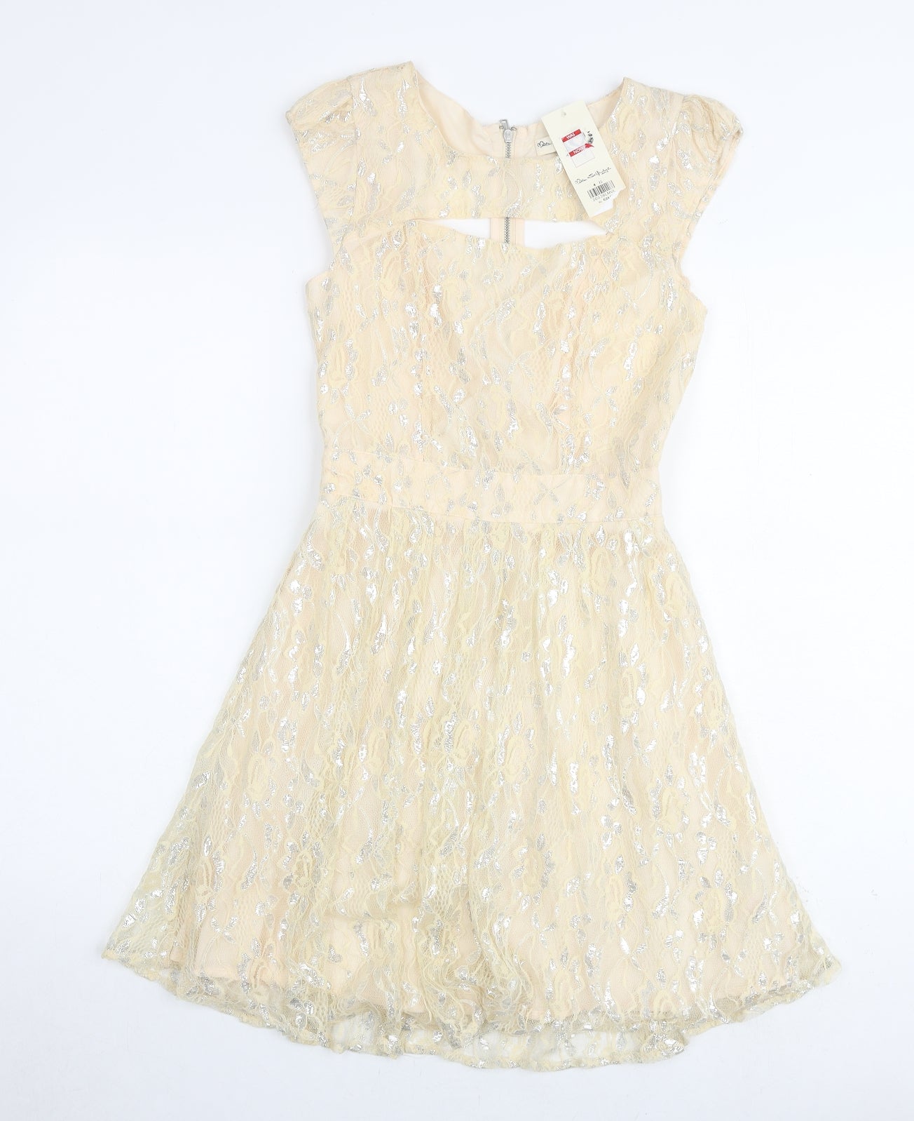 Miss Selfridge Womens Ivory Geometric Polyamide A-Line Size 4 Round Neck Zip - Keyhole Neck
