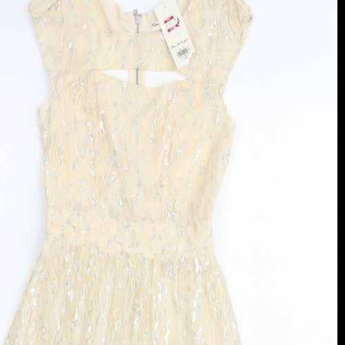Miss Selfridge Womens Ivory Geometric Polyamide A-Line Size 4 Round Neck Zip - Keyhole Neck