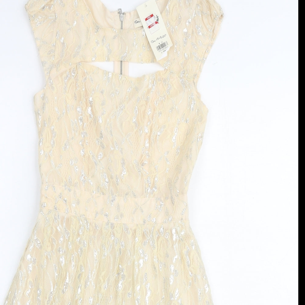 Miss Selfridge Womens Ivory Geometric Polyamide A-Line Size 4 Round Neck Zip - Keyhole Neck