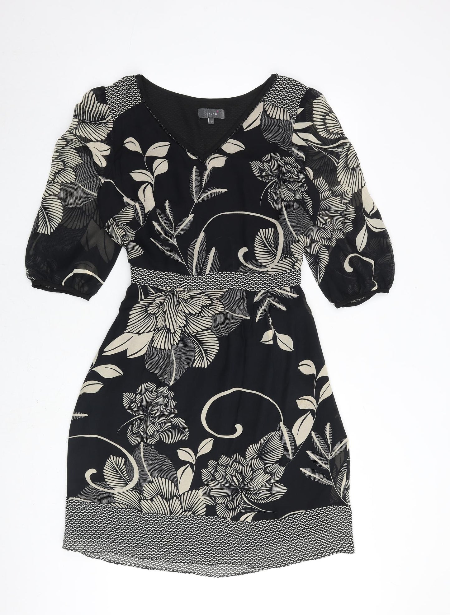 Per Una Womens Black Floral Polyester A-Line Size 14 V-Neck Tie - Sheer