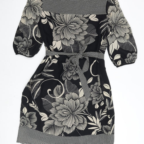 Per Una Womens Black Floral Polyester A-Line Size 14 V-Neck Tie - Sheer