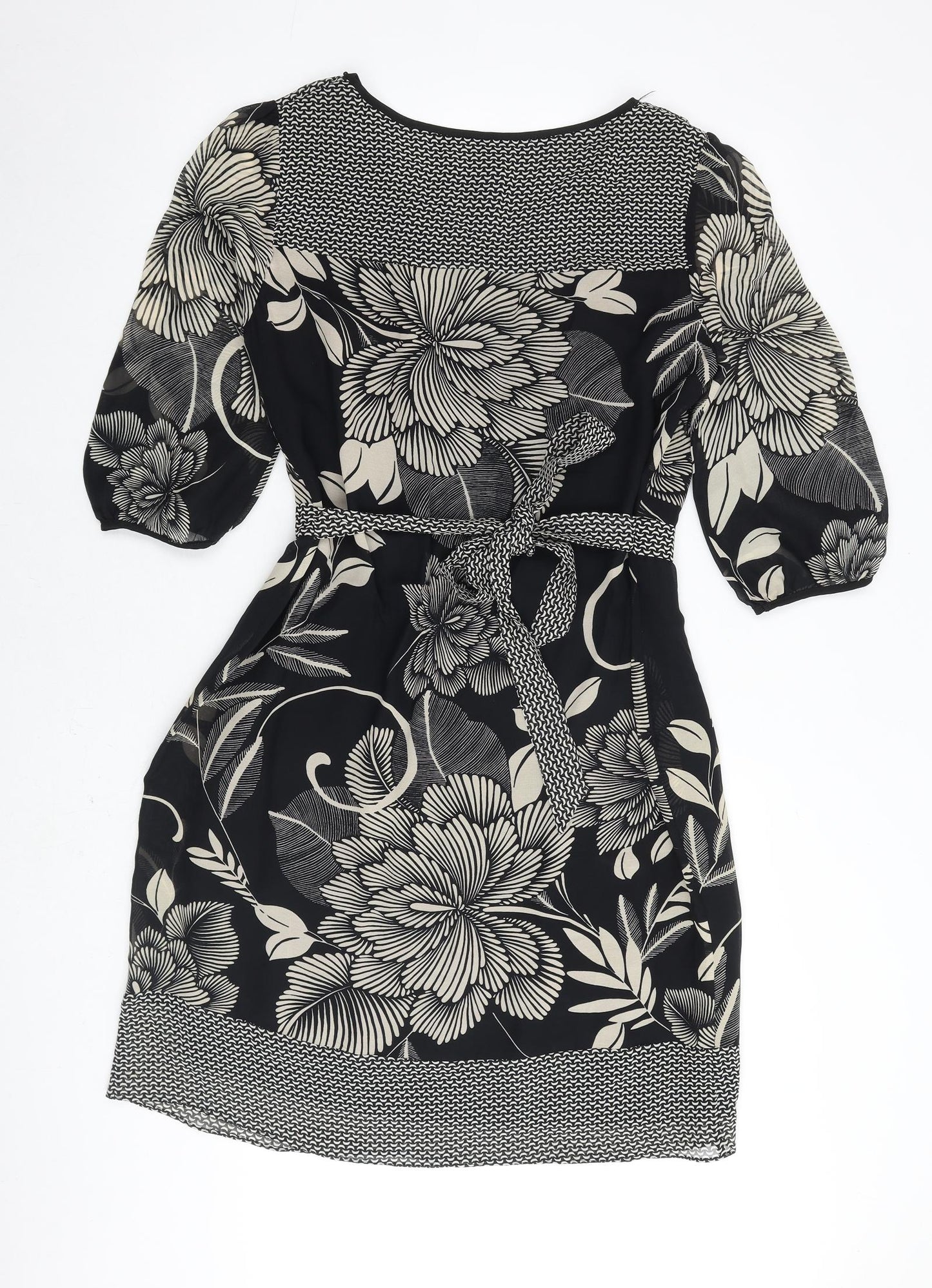 Per Una Womens Black Floral Polyester A-Line Size 14 V-Neck Tie - Sheer