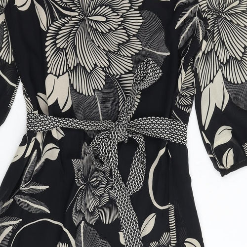 Per Una Womens Black Floral Polyester A-Line Size 14 V-Neck Tie - Sheer