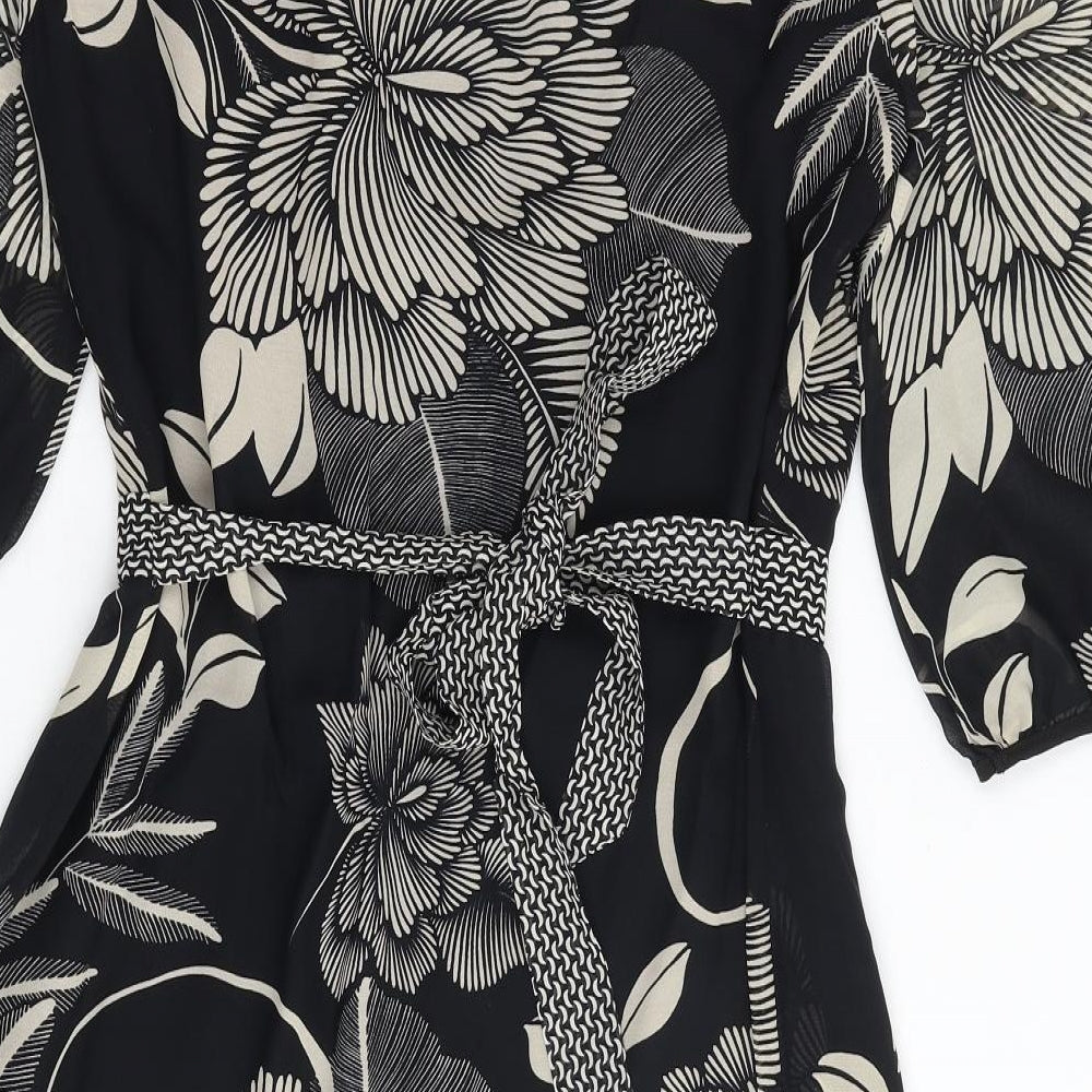 Per Una Womens Black Floral Polyester A-Line Size 14 V-Neck Tie - Sheer