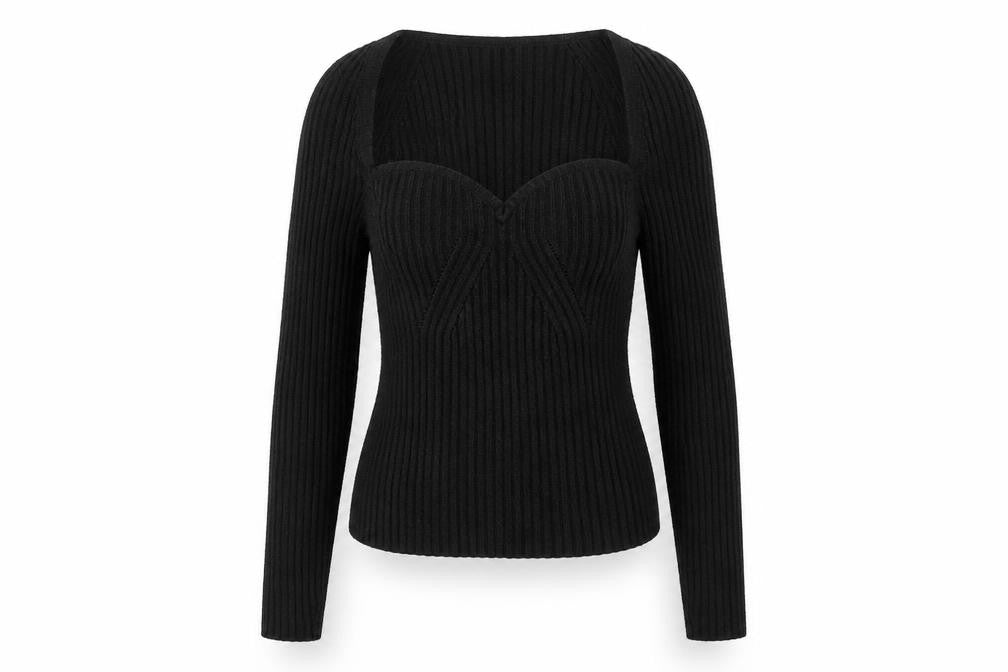 Front view of ASOS women’s black square neck polyester jumper, size UK 8
