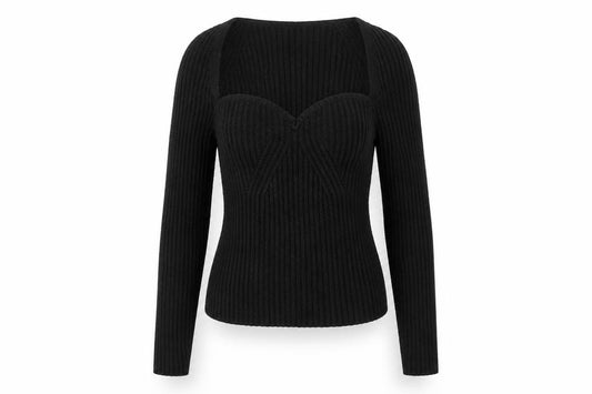 Front view of ASOS women’s black square neck polyester jumper, size UK 8