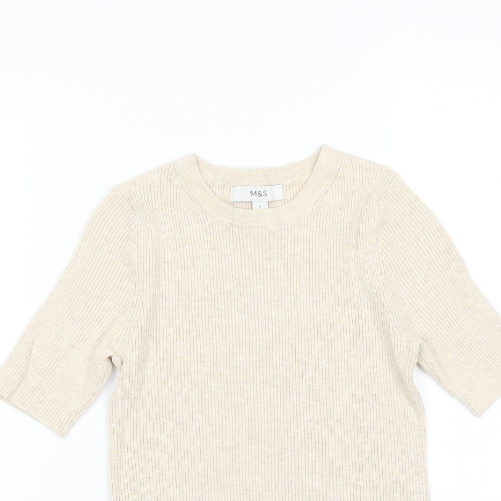Marks and Spencer Womens Beige Round Neck Viscose Pullover Jumper Size S