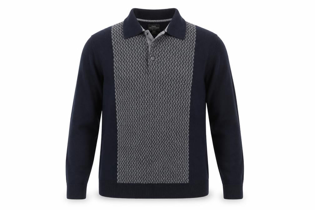 Front view of Next men’s blue collared geometric cotton jumper, size M, long sleeve