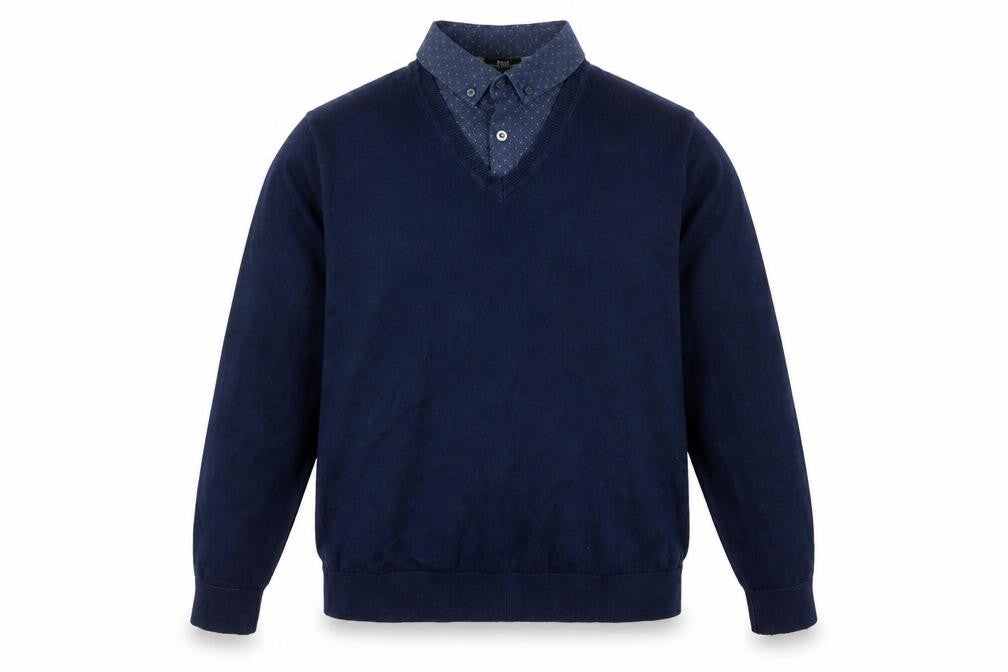 Front view of Next men’s blue collared acrylic jumper, size M, long sleeve
