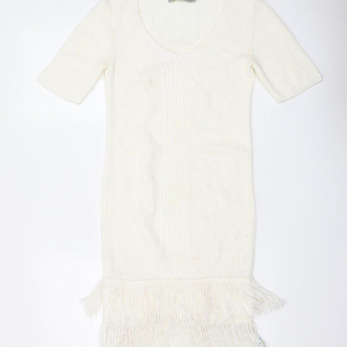 ASOS Womens Ivory Acrylic Bodycon Size 6 V-Neck Pullover - Tassel Hem