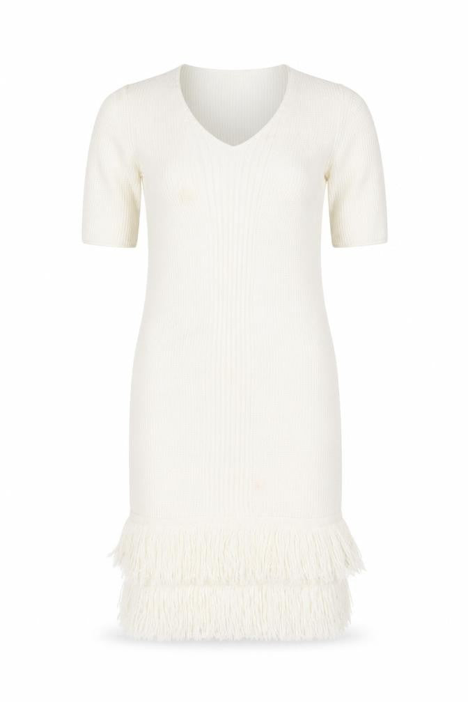Front view of ASOS women’s ivory acrylic bodycon, size UK 6, v-neck pullover - tassel hem