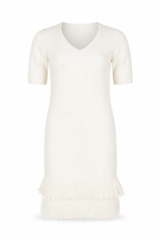 Front view of ASOS women’s ivory acrylic bodycon, size UK 6, v-neck pullover - tassel hem