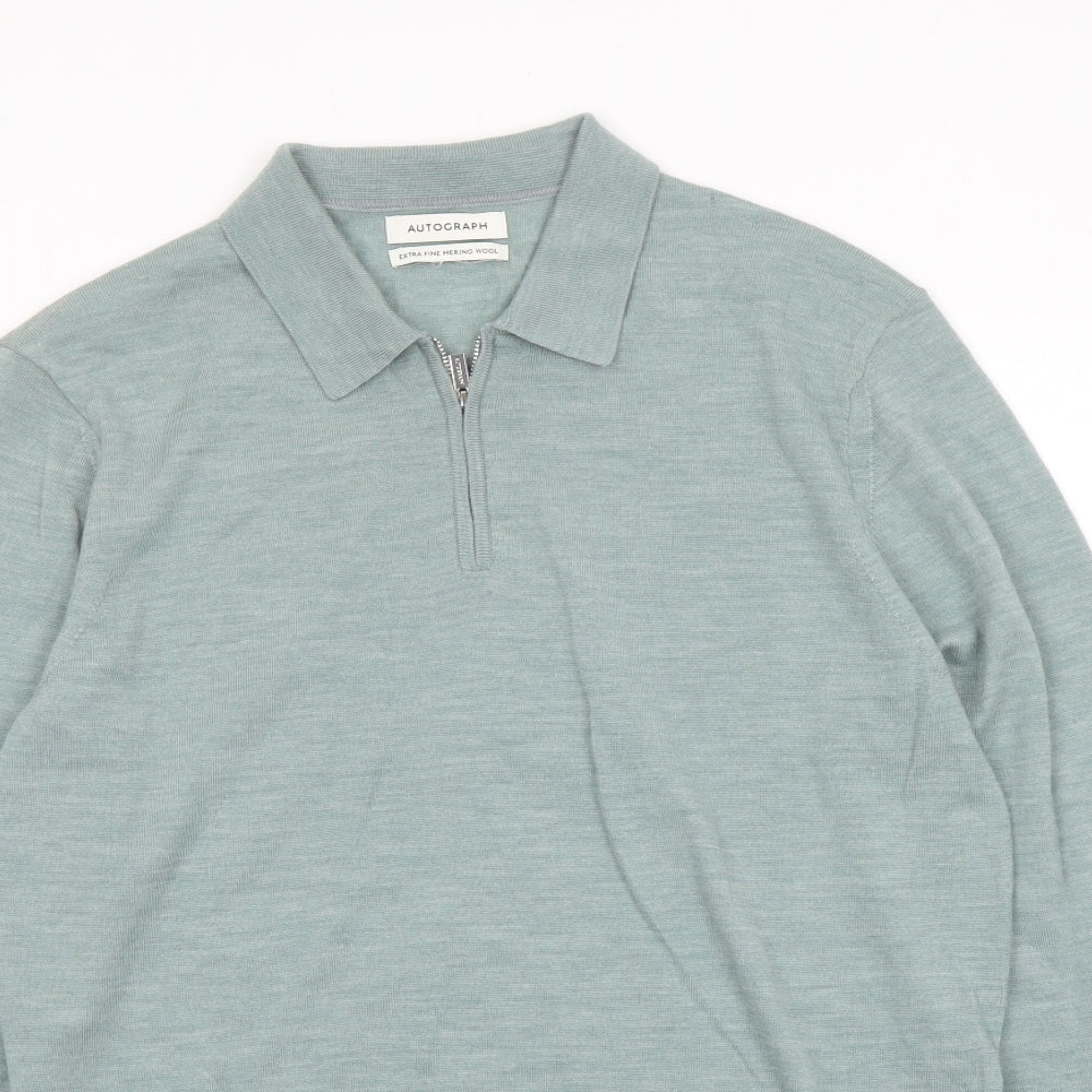 Autograph Mens Green Collared Wool Pullover Jumper Size L Long Sleeve