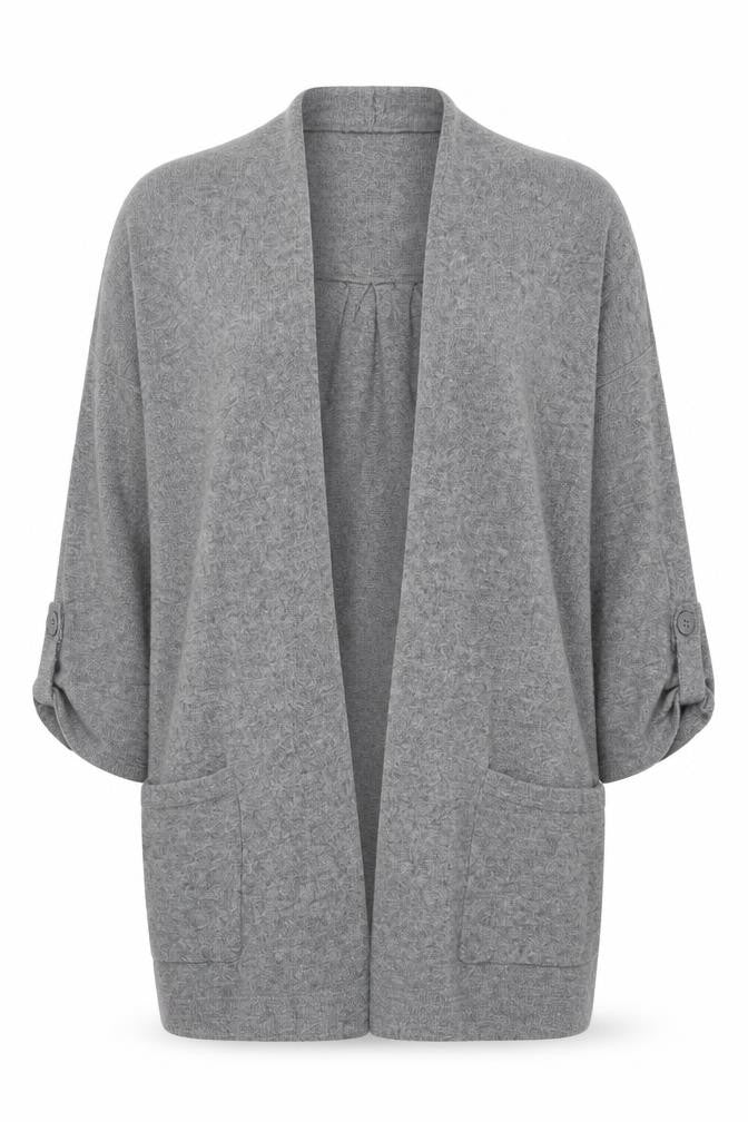 Front view of Monsoon women’s grey v-neck cotton cardigan jumper, size M, - open
