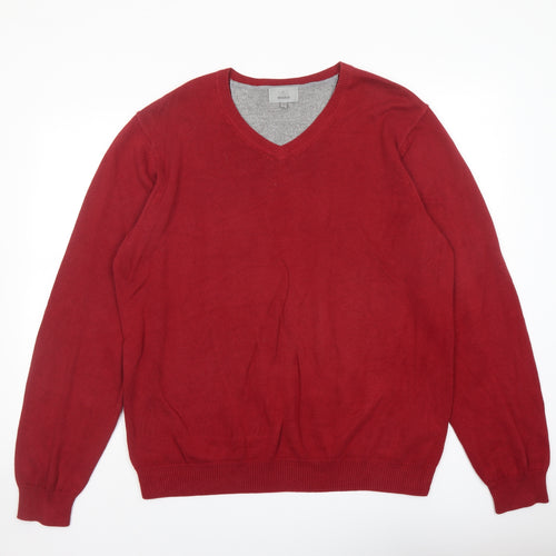 Marks and Spencer Mens Red V-Neck Cotton Pullover Jumper Size L Long Sleeve