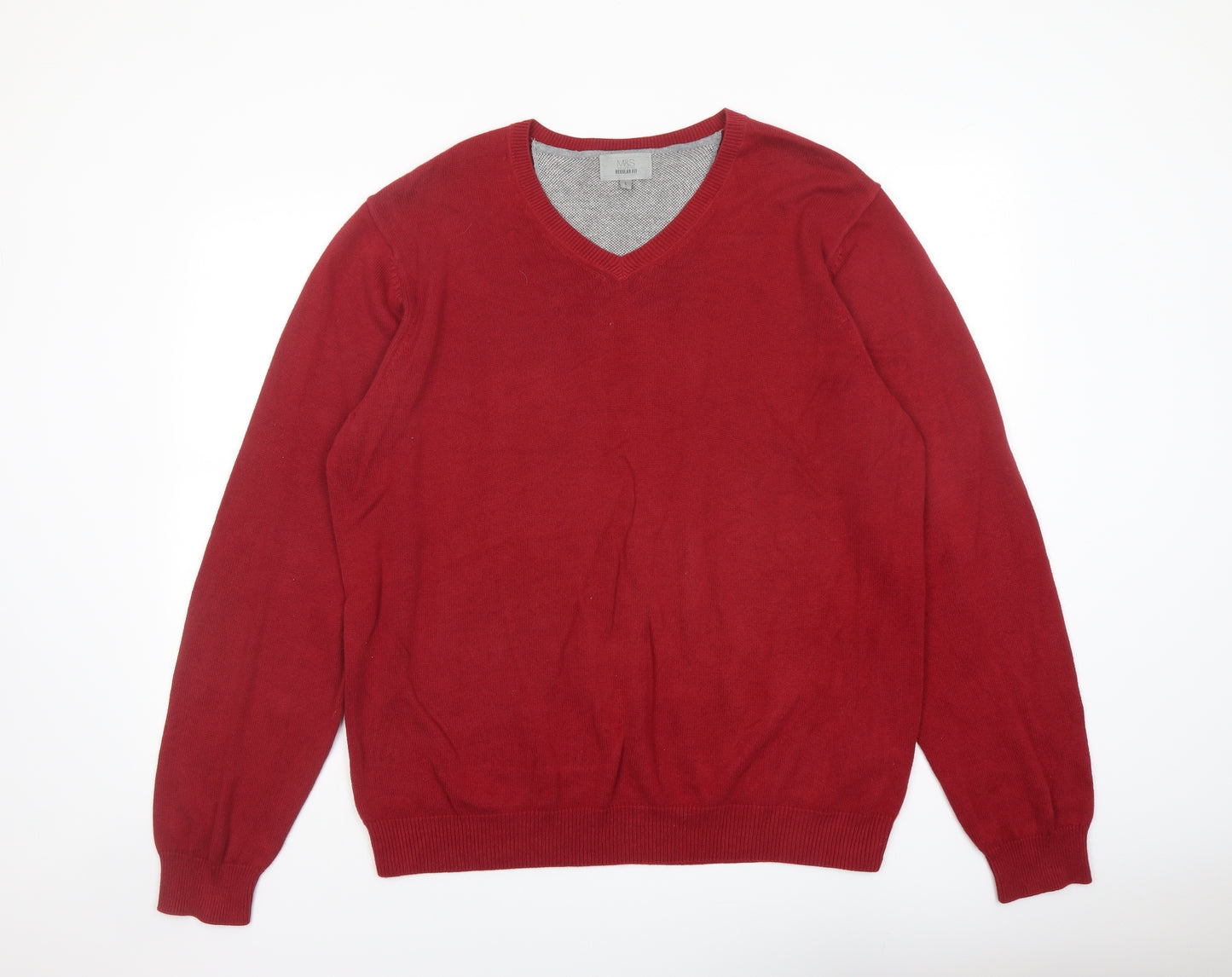 Marks and Spencer Mens Red V-Neck Cotton Pullover Jumper Size L Long Sleeve