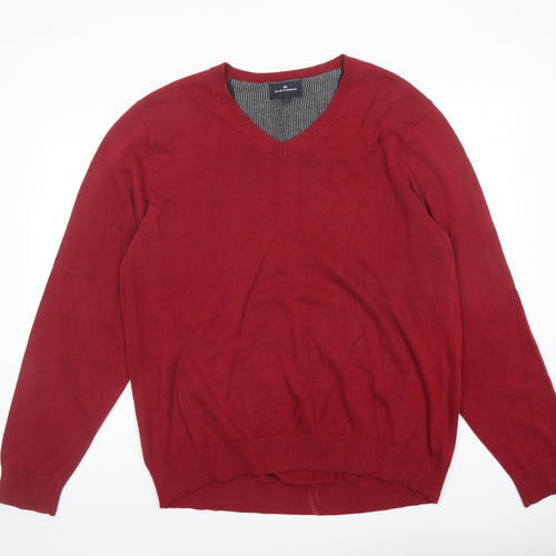 Blue Harbour Mens Red V-Neck Cotton Pullover Jumper Size L Long Sleeve