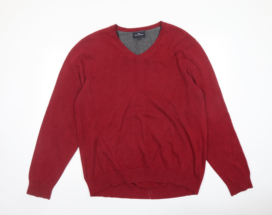 Blue Harbour Mens Red V-Neck Cotton Pullover Jumper Size L Long Sleeve