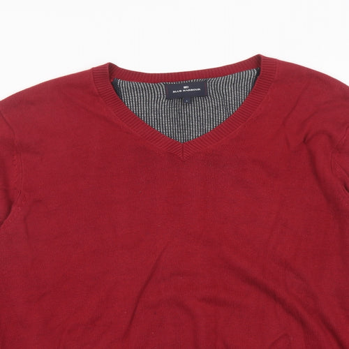 Blue Harbour Mens Red V-Neck Cotton Pullover Jumper Size L Long Sleeve